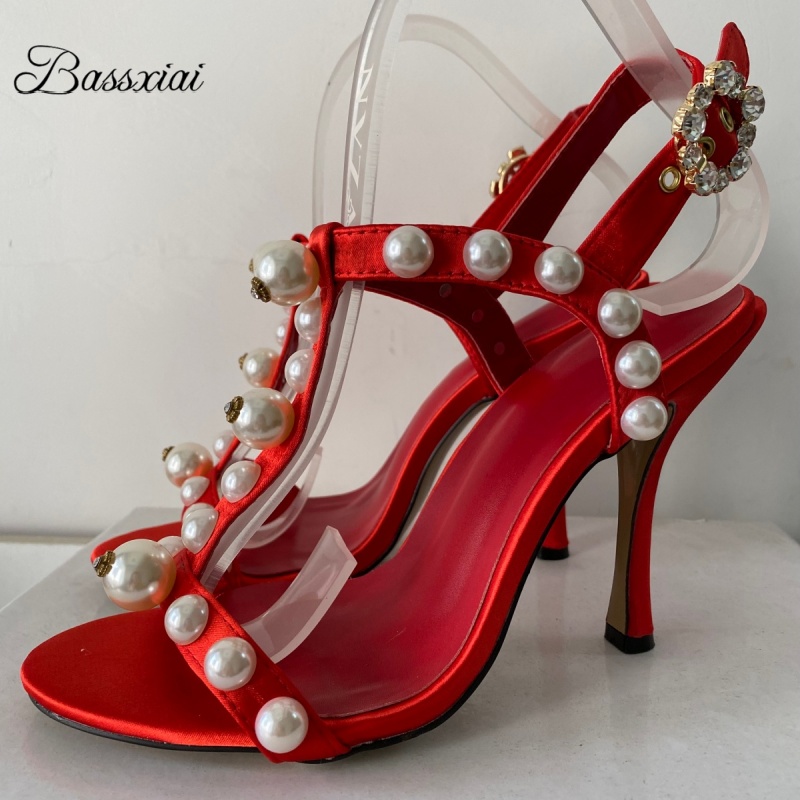 Pearl Bead Decor T-Strap Stile - Sandal Strappy Heeled 评论和价格