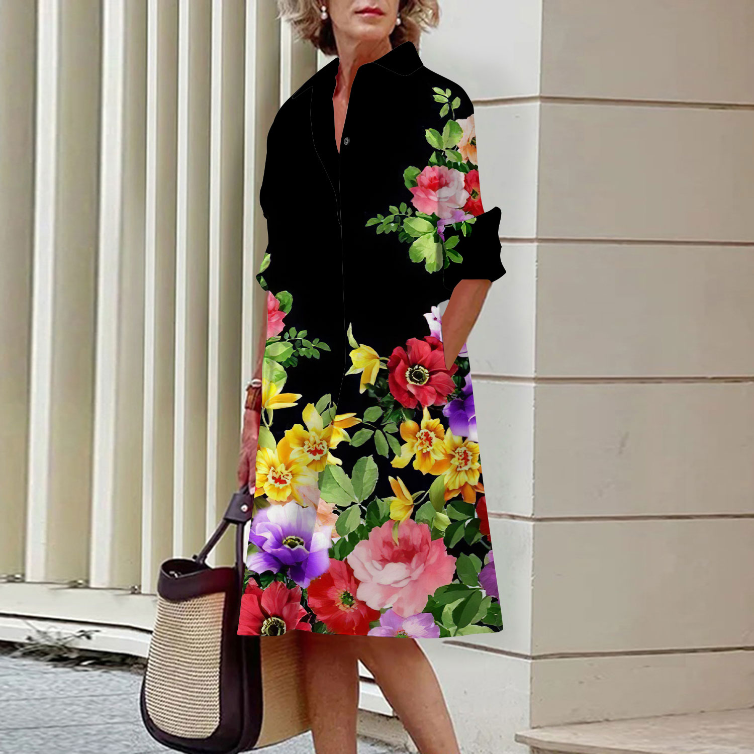 Floral Pattern Shirt Dress Ele - Midi Skirt Floral 评论和价格