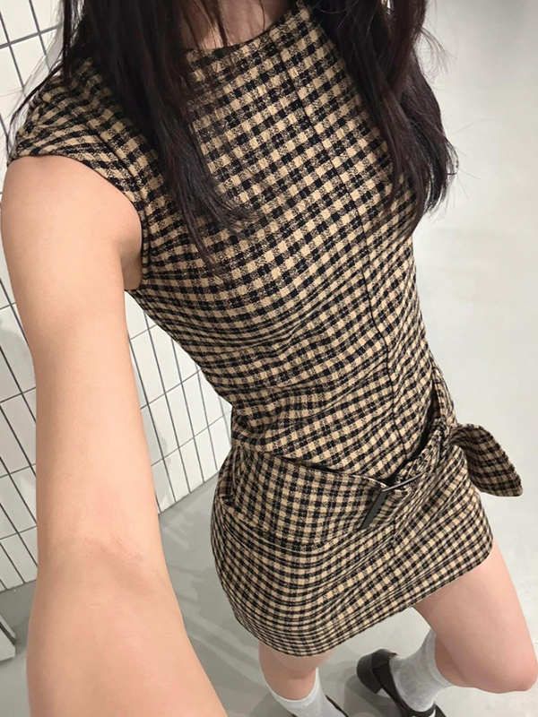 Retro Korean Plaid Slimming Ve - Linen Dress Wrap 评论和价格