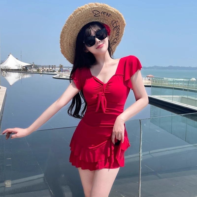 Women's Red V Neck Skirted One - Swimsuit Bikini Ruched 评论和价格