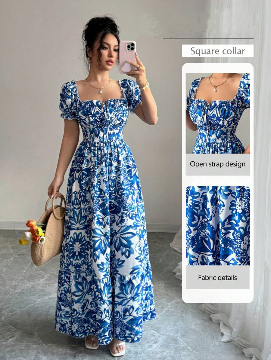 Elegant Blue Floral Print Dres - Romper Floral Print 评论和价格