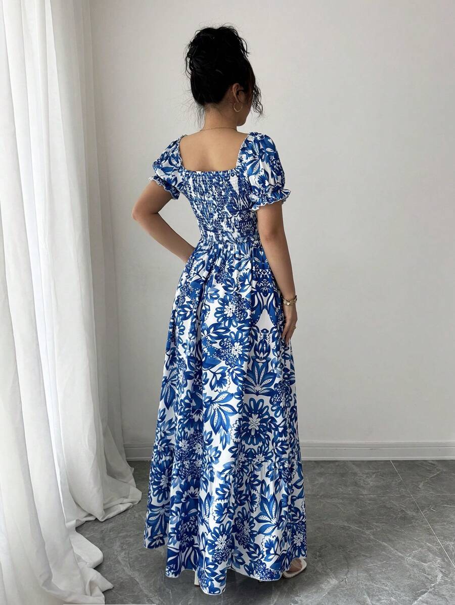Elegant Blue Floral Print Dres - Romper Floral Print 评论和价格