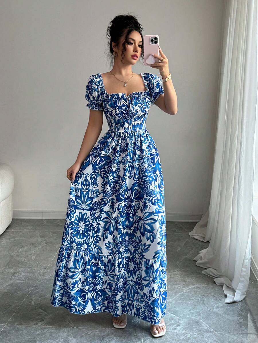 Elegant Blue Floral Print Dres - Romper Floral Print 评论和价格