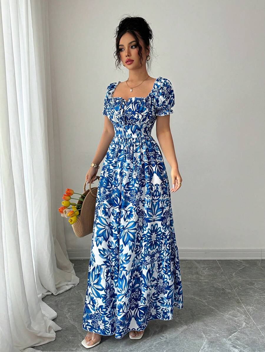 Elegant Blue Floral Print Dres - Romper Floral Print 评论和价格