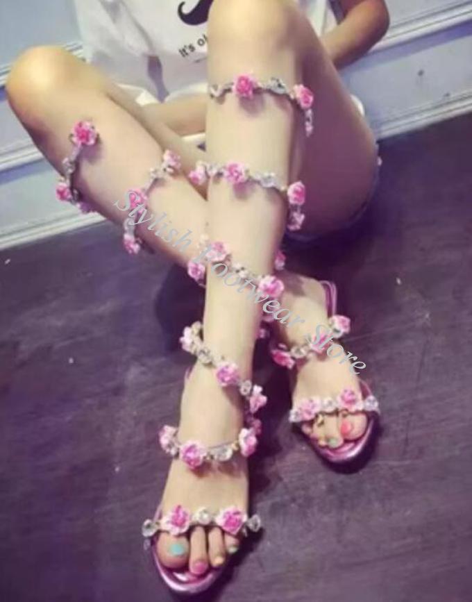 Romantic Pink Flower Crystal E - Sandal Strappy Heeled 评论和价格