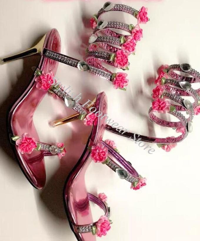 Romantic Pink Flower Crystal E - Sandal Strappy Heeled 评论和价格