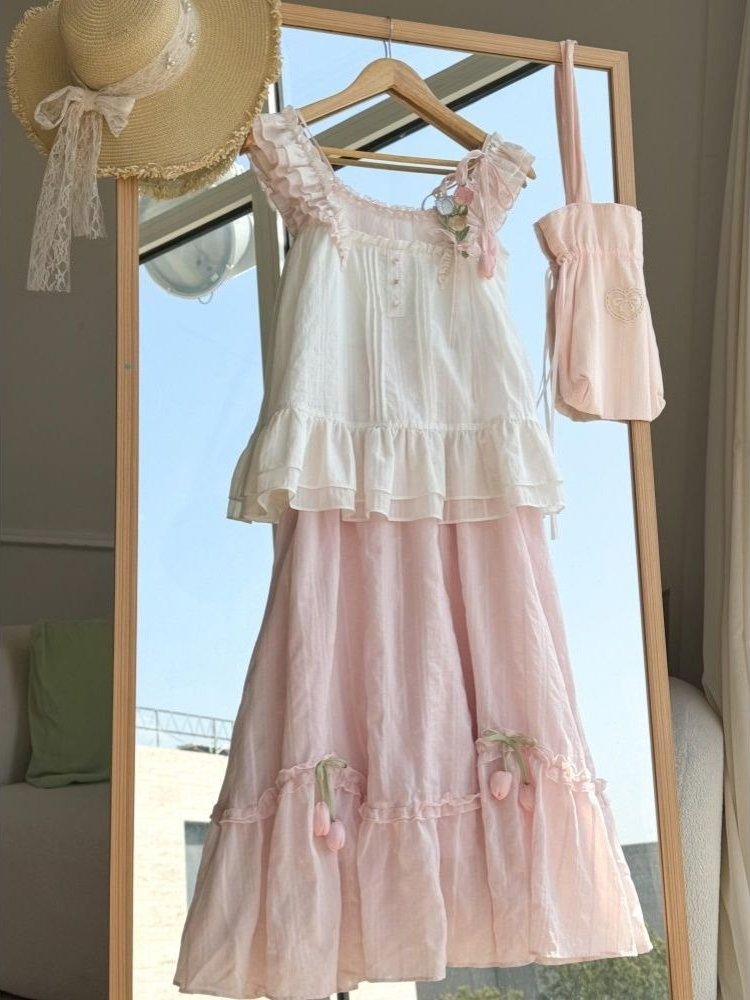 Sweet Kawaii Ruffle Trim Tulip - Midi Skirt Floral 评论和价格